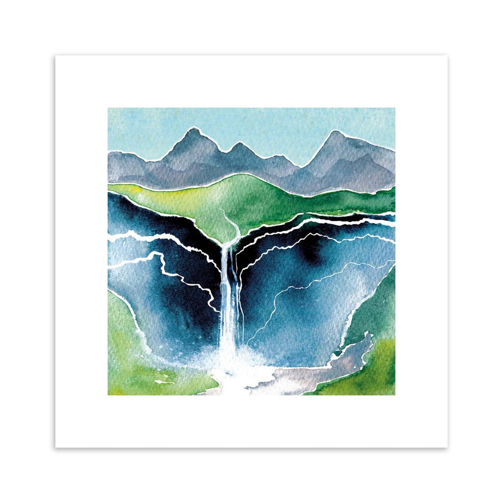 Beautiful watercolour art print featuring a waterfall flowing down a beautiful mountain landscape.