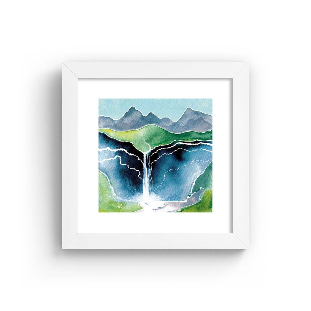 Beautiful watercolour art print featuring a waterfall flowing down a beautiful mountain landscape. Art print is in a white frame.