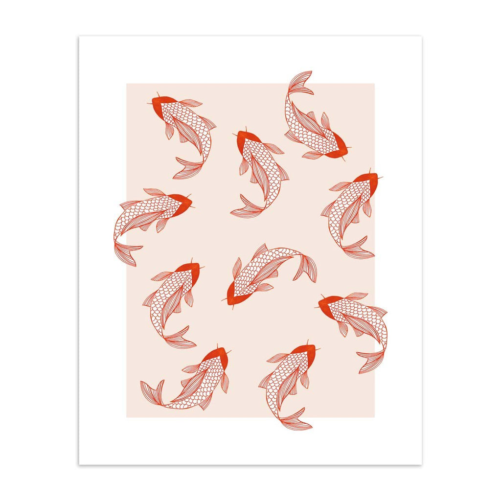Pastel art print featuring a patterned illustration of pink koi, on a pale pink background. 