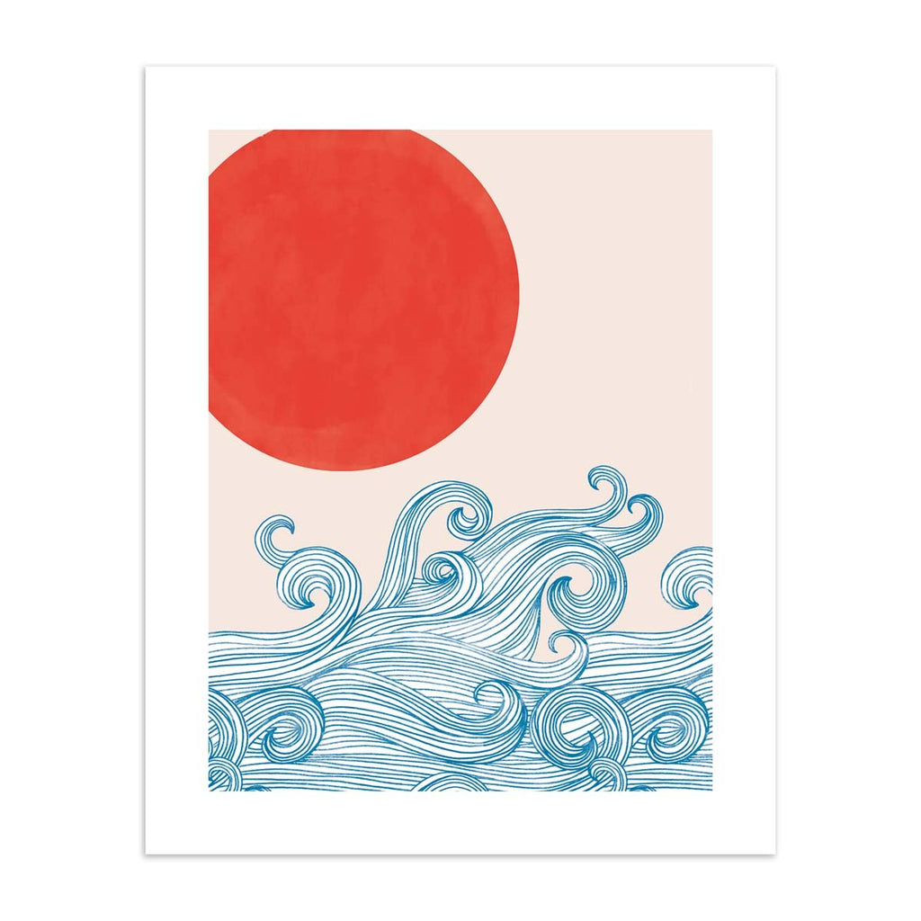 Beautiful art print featuring waves reaching up to a red sun.