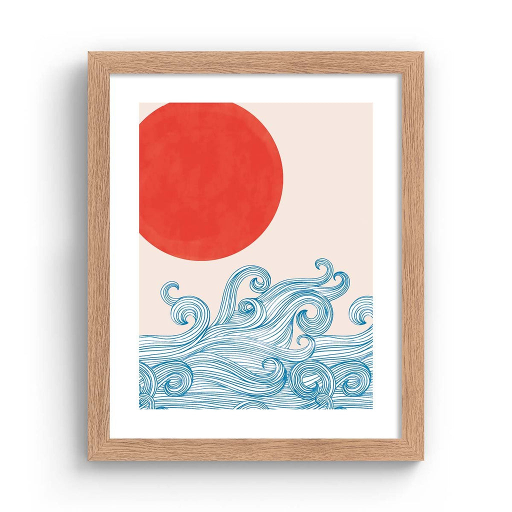 Beautiful art print featuring waves reaching up to a red sun. Art print is in an oak frame.