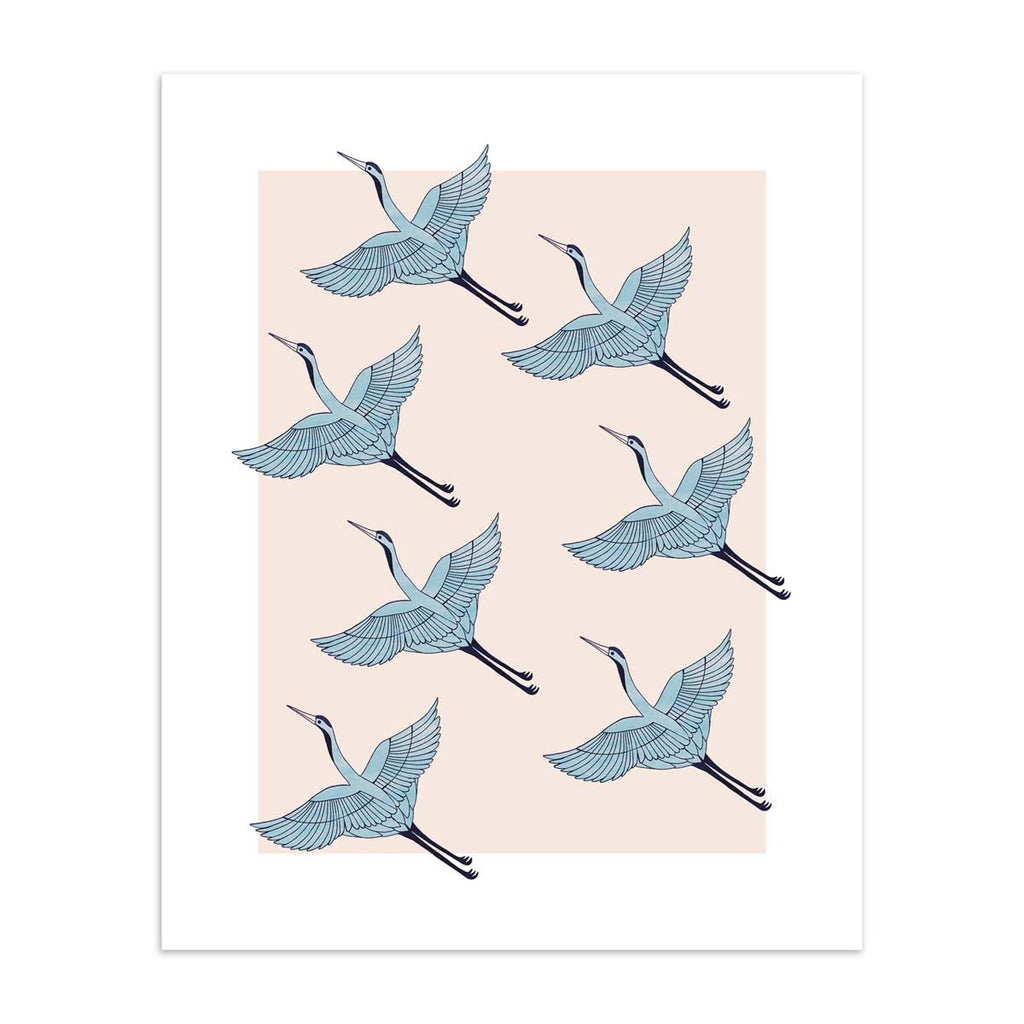 Detailed art print featuring a pattern of heron's flying in formation, on a pale pink background.