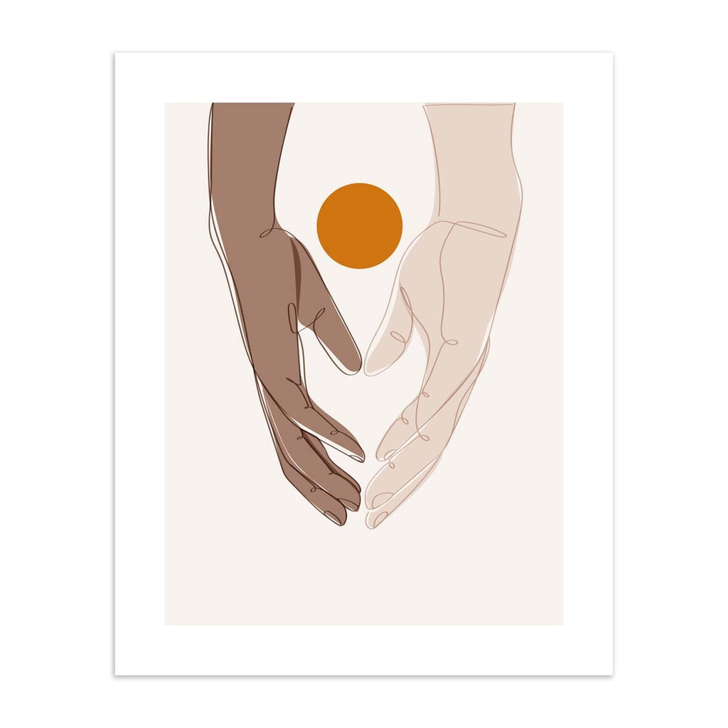 Beautiful art print featuring two hands meeting in the meeting of the frame. A bright sun sits behind the hands.