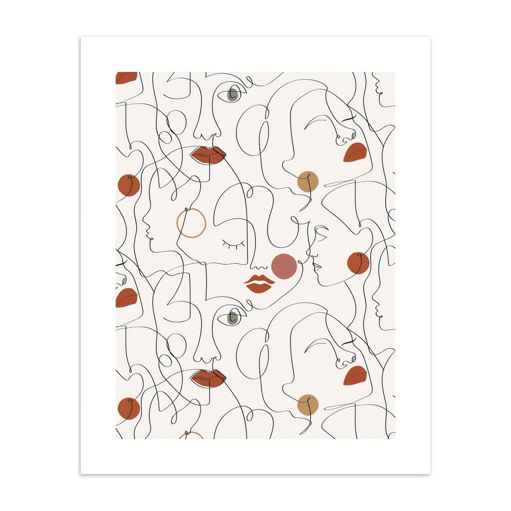  Pastel art print featuring clever line work to create a pleasing pattern of faces. Pink and beige colours are used to emphasise lips and cheeks. 