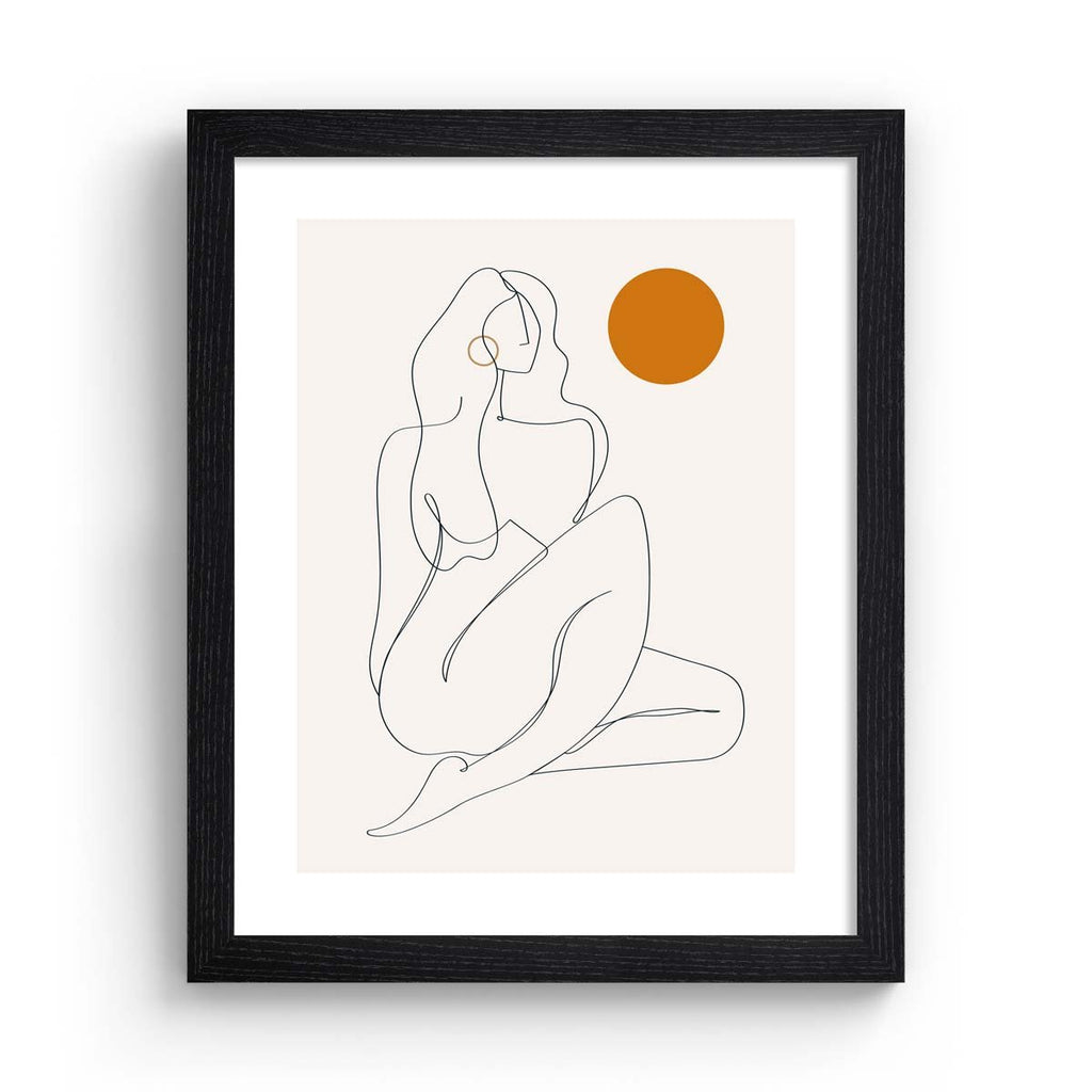 Art print containing clever line work creating the female form, accompanied by a splash of bright orange colour. Art print is in a black frame.