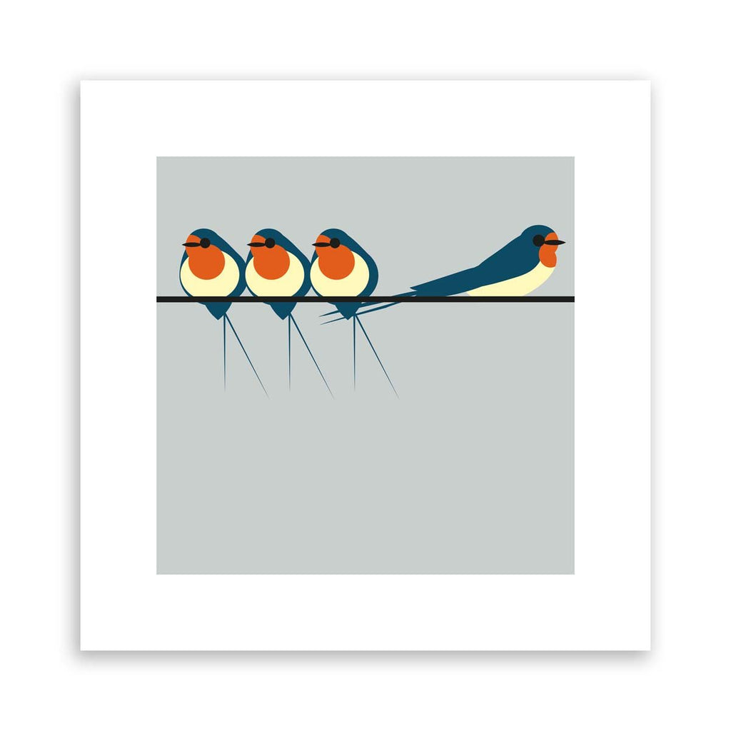 Minimalistic art print featuring three swallows perching on a line, in front of a blue background.