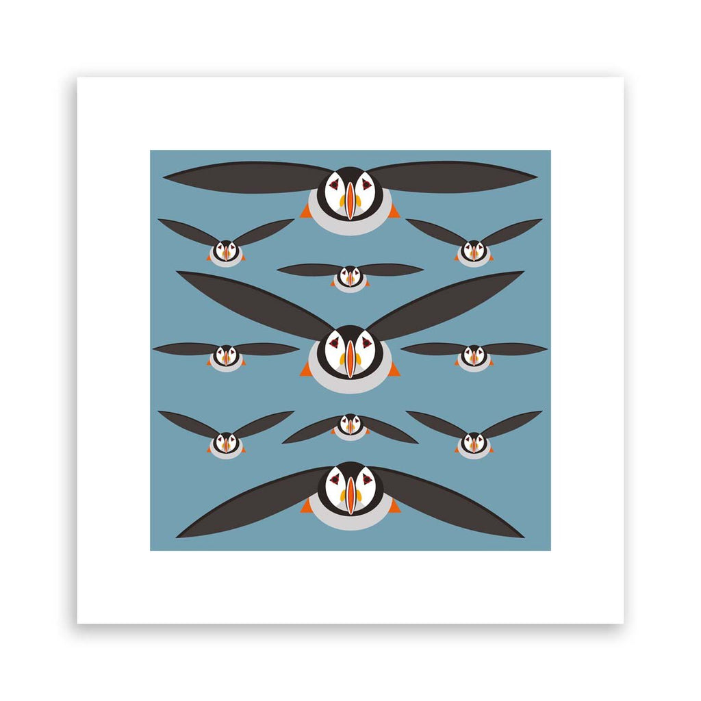 Minimalistic art print featuring a brilliant pattern of puffins flying in formation. 
