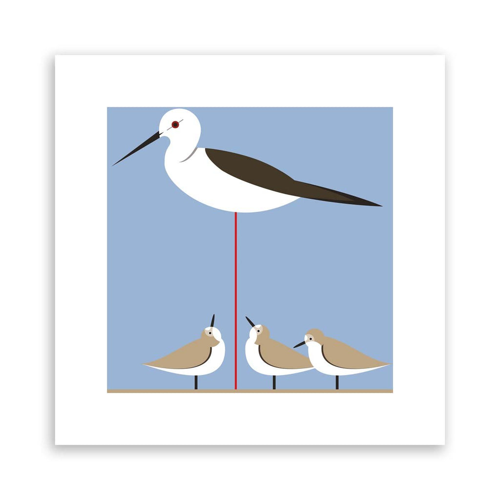 Minimalistic art print featuring small birds perched underneath a tall stilt.