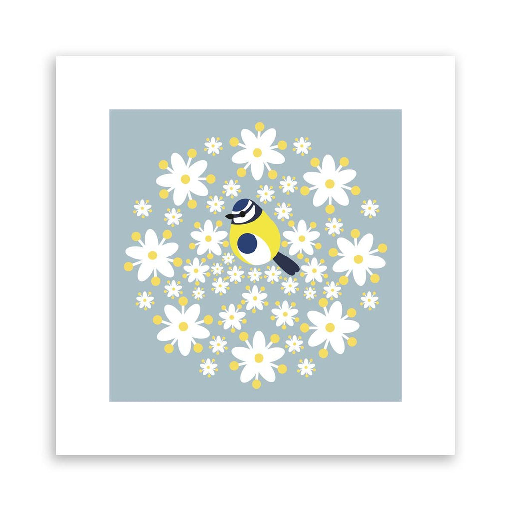 Minimalistic art print featuring a beautiful blue tit surrounded by bright Spring flowers.