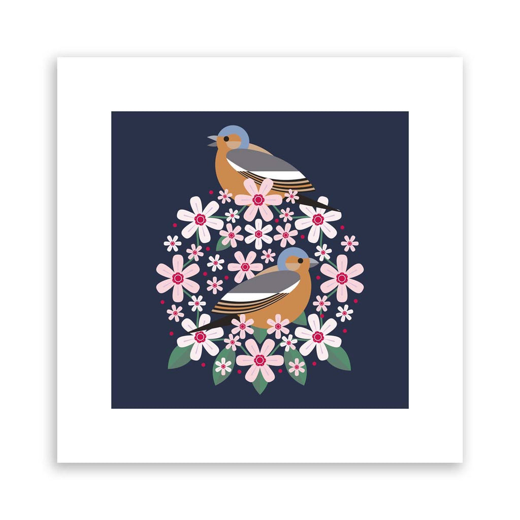 A striking geometric art print of two birds amidst a blooming circlet of flowers.