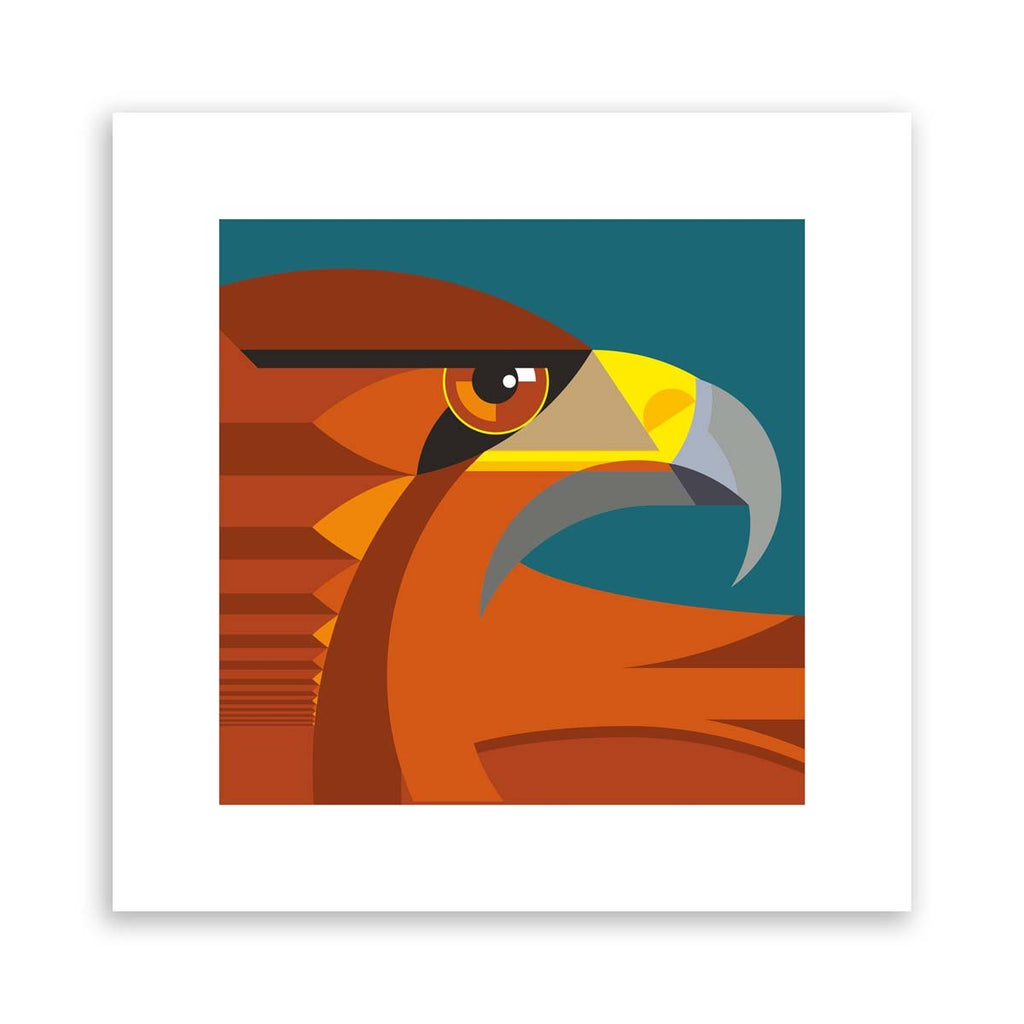 Minimalistic art print featuring a fierce golden eagle in front of a deep blue background.