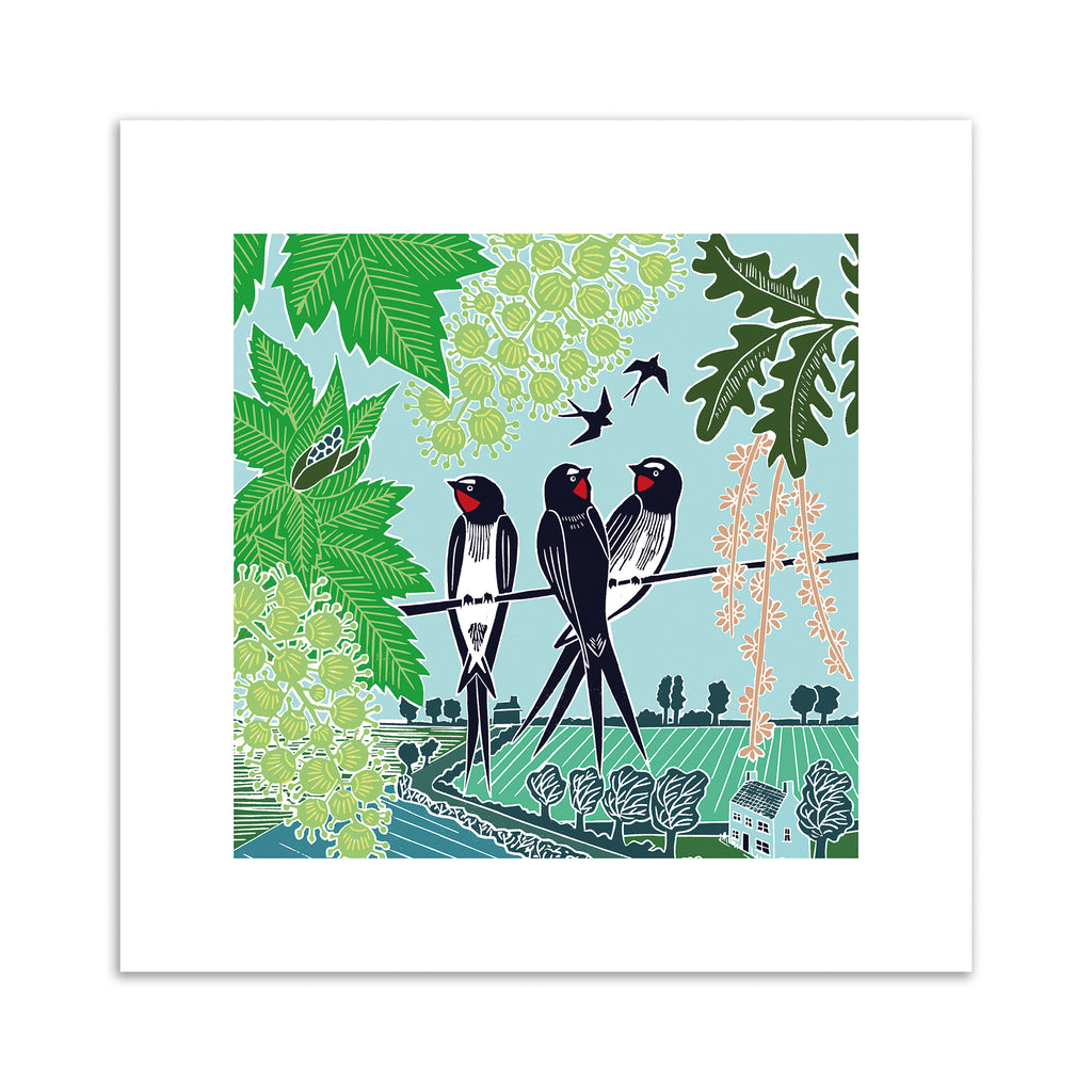 Emotive art print featuring three swallows perching on a branch above a beautiful Summer nature scene.
