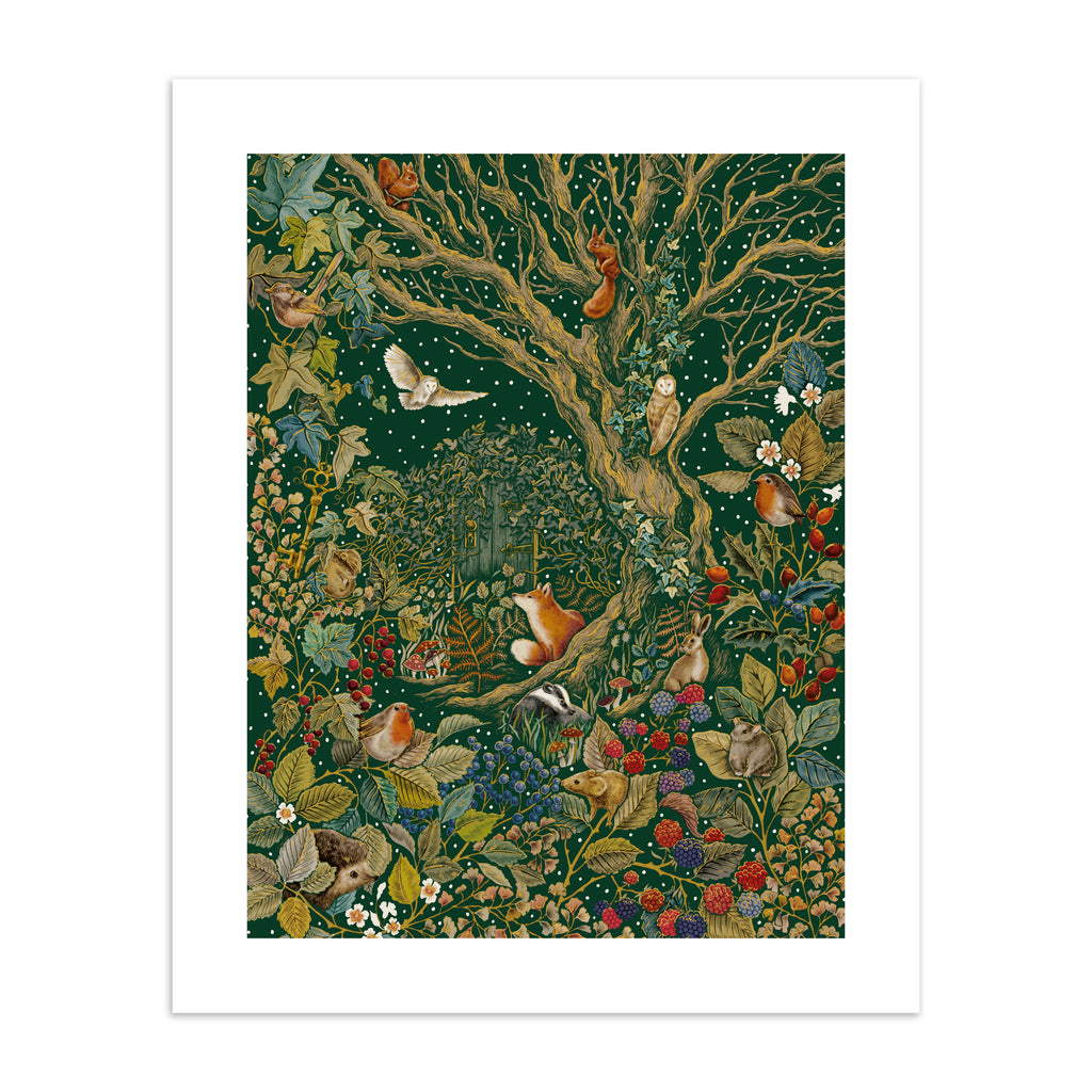 Stunning art print featuring a collection of British wildlife and botanicals in an atmospheric nature scene.