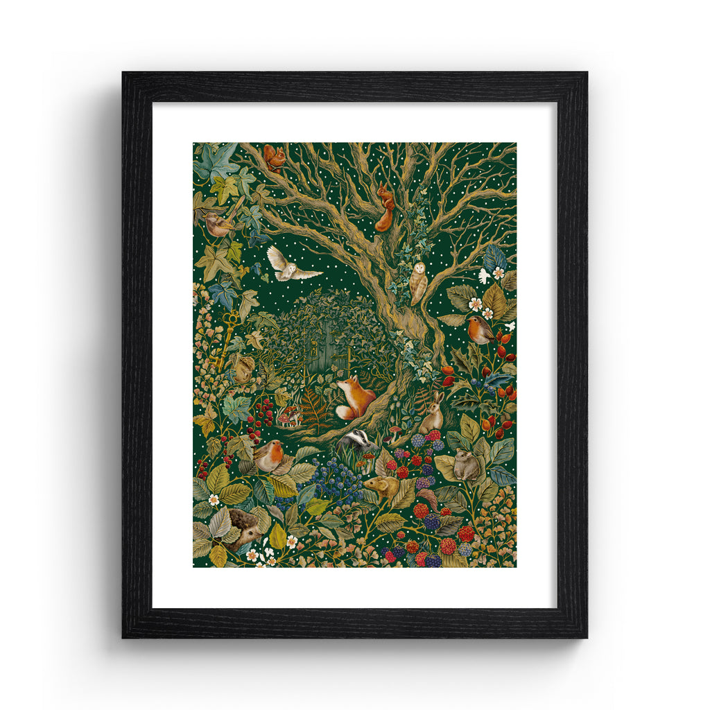 Stunning art print featuring a collection of British wildlife and botanicals in an atmospheric nature scene. Art print is in a black frame.