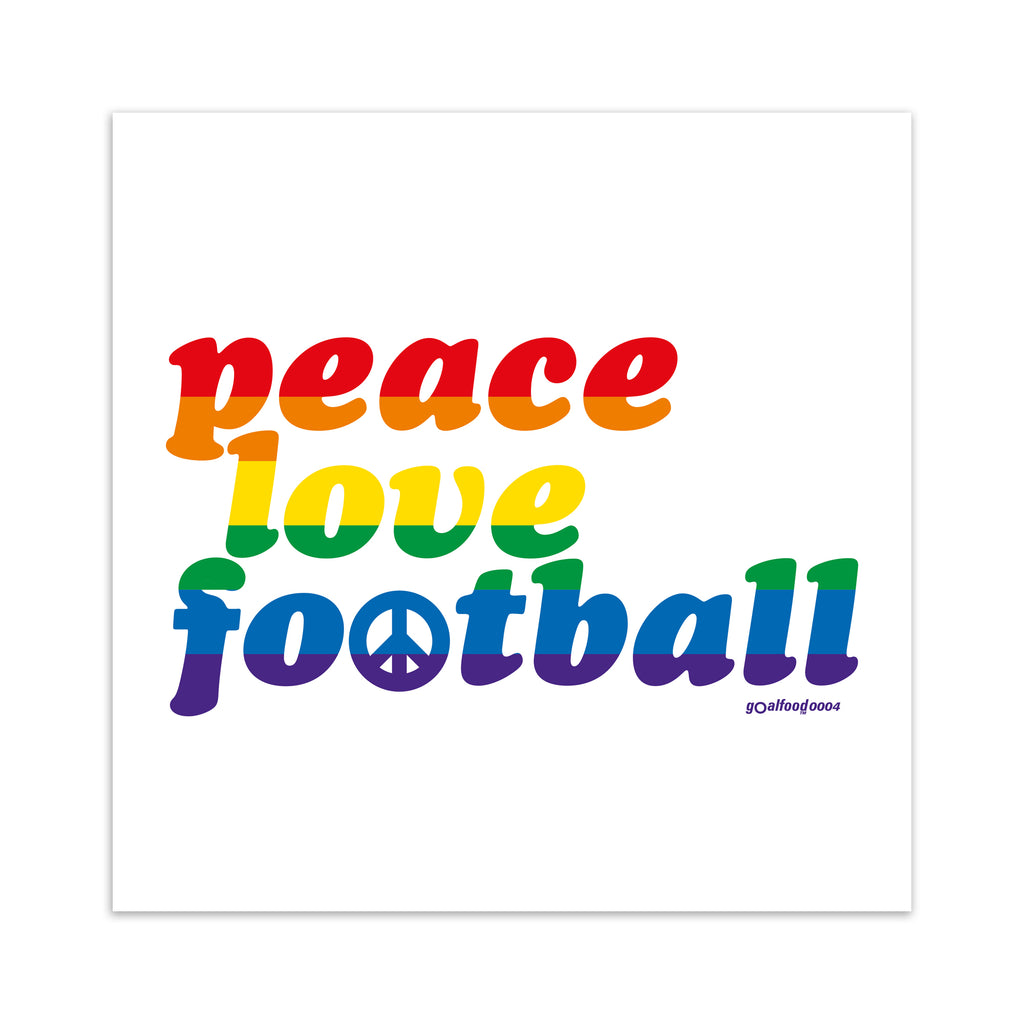 Sporty typography art print celebrating football, stating 'peace, love, football' in multicoloured text. 