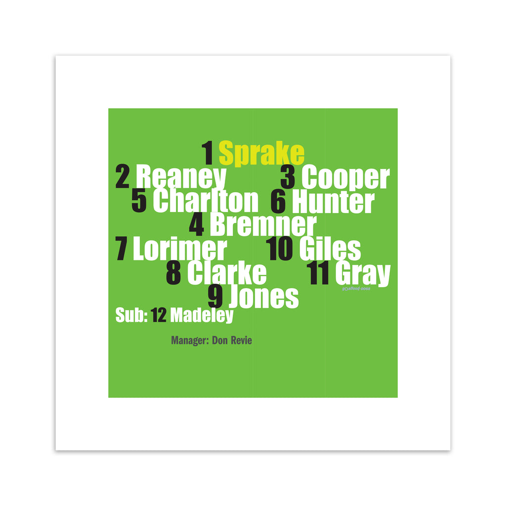 Art print featuring typography celebrating Leeds 1968 team, on a bright green background.