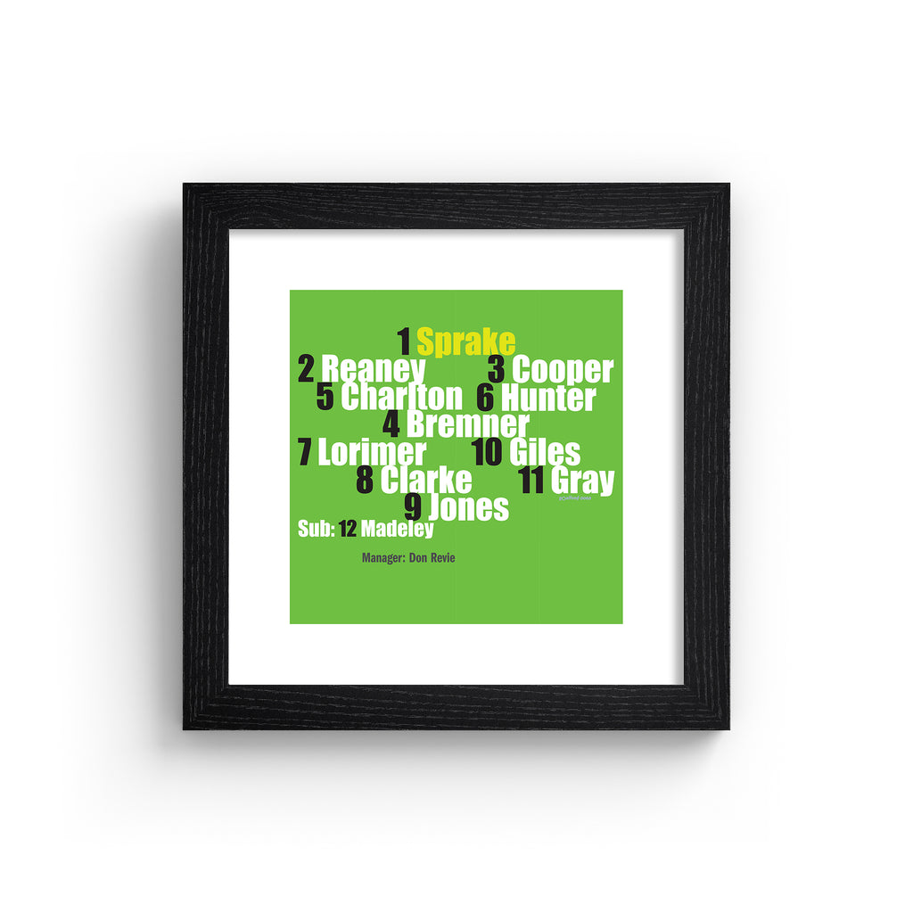 Art print featuring typography celebrating Leeds 1968 team, on a bright green background. Art print is in a black frame.