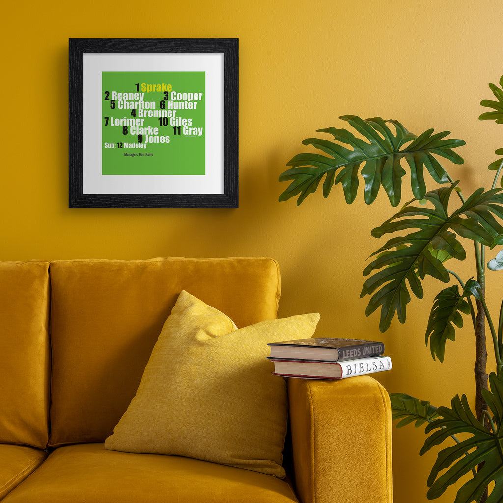 Art print featuring typography celebrating Leeds 1968 team, on a bright green background. Art print is hung up on an orange wall.