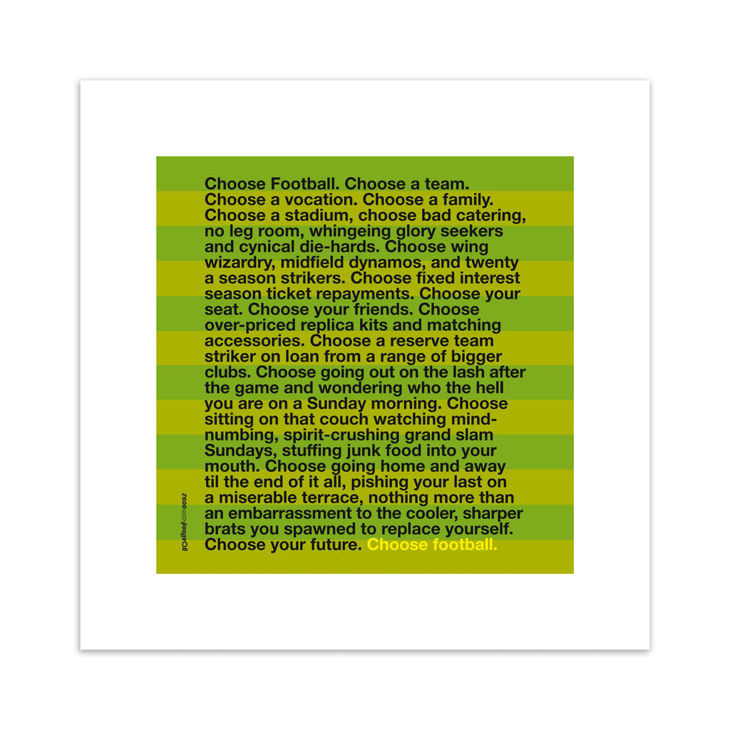 Sporty art print featuring typography celebrating football, on a bright green background. 