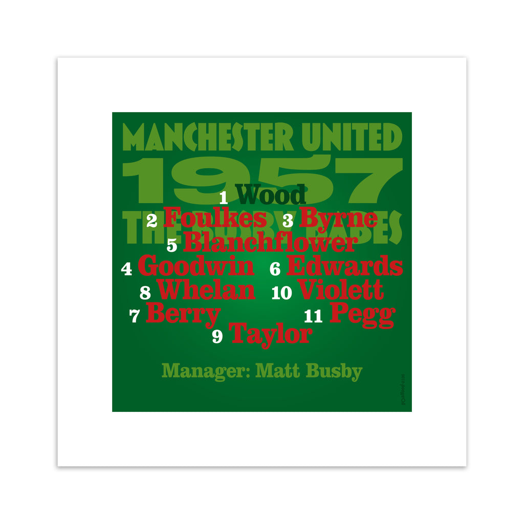 Sporty art print celebrating the Man United 1957 Team, on a bright green background, with red, black and green typography.