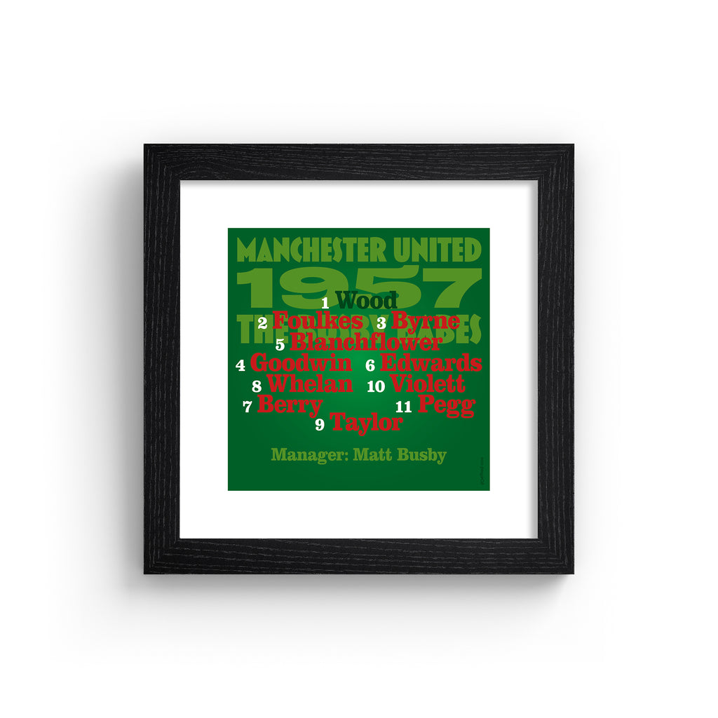 Sporty art print celebrating the Man United 1957 Team, on a bright green background, with red, black and green typography. Art print is in a black frame.