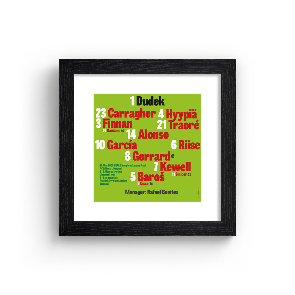 Bright green art print featuring typography celebrating the Liverpool 2005 team, on a bright green background.  Art print is in a black frame.