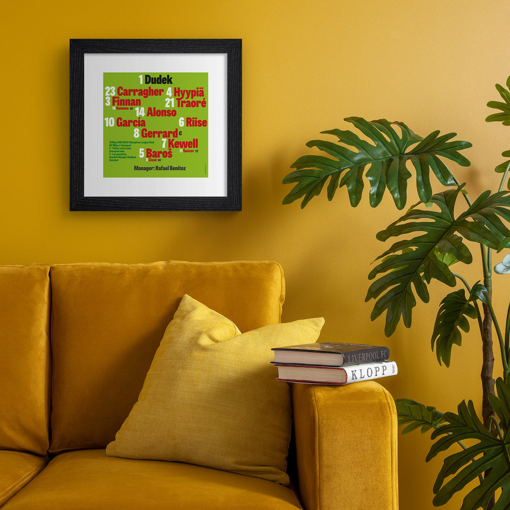 Bright green art print featuring typography celebrating the Liverpool 2005 team, on a bright green background. Art print is hung up on an orange wall.
