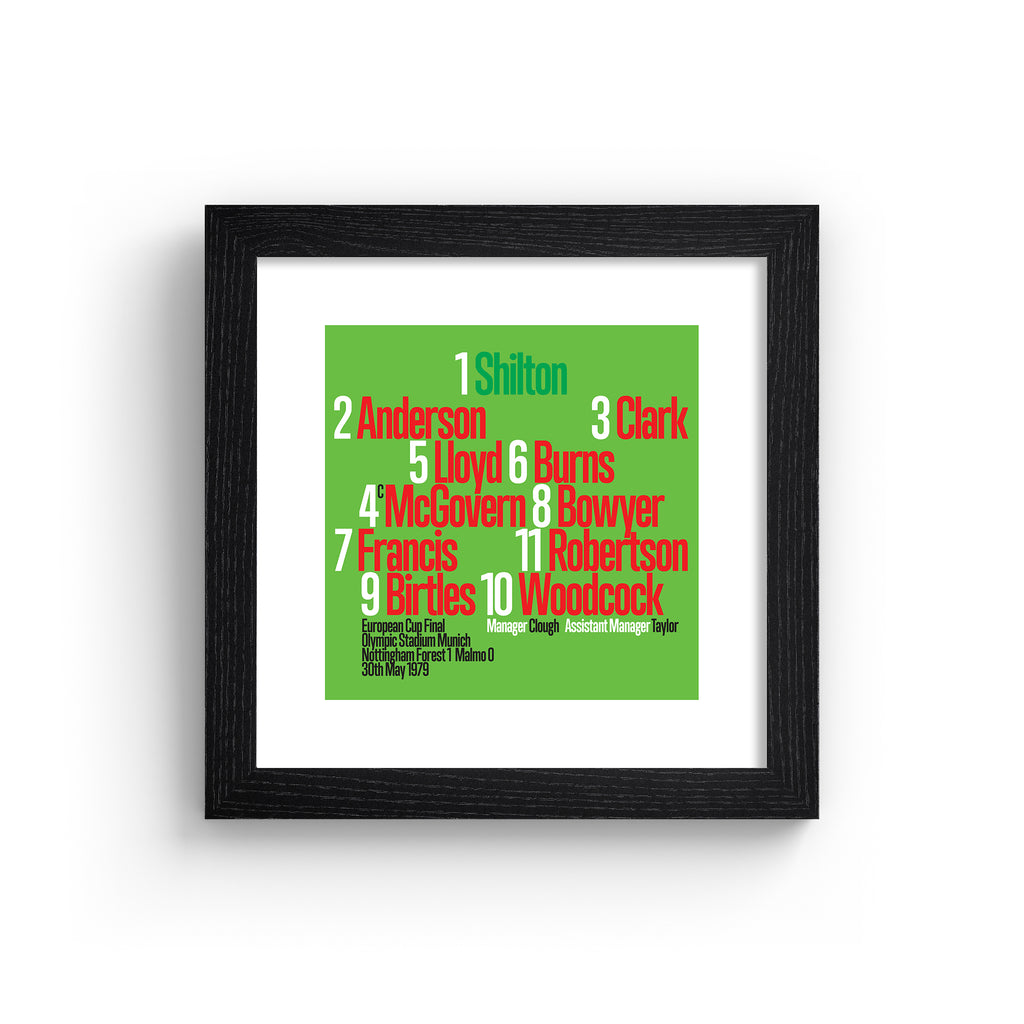 Colourful art print celebrating the Nottingham Forest 1979 Team, on a bright green background, with red, black and green typography. Art print is in a black frame.