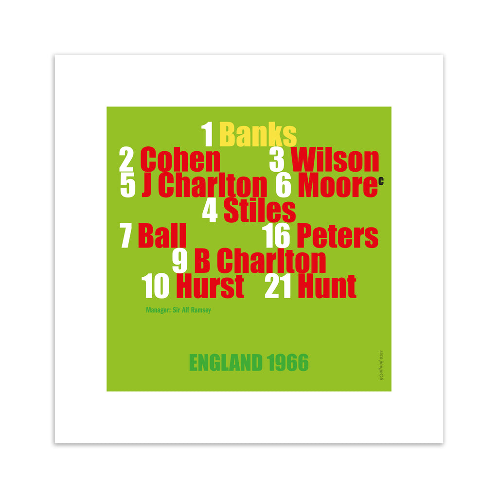 Sporty art print celebrating England football, on a bright green background, with red, white, gold and green typography. 