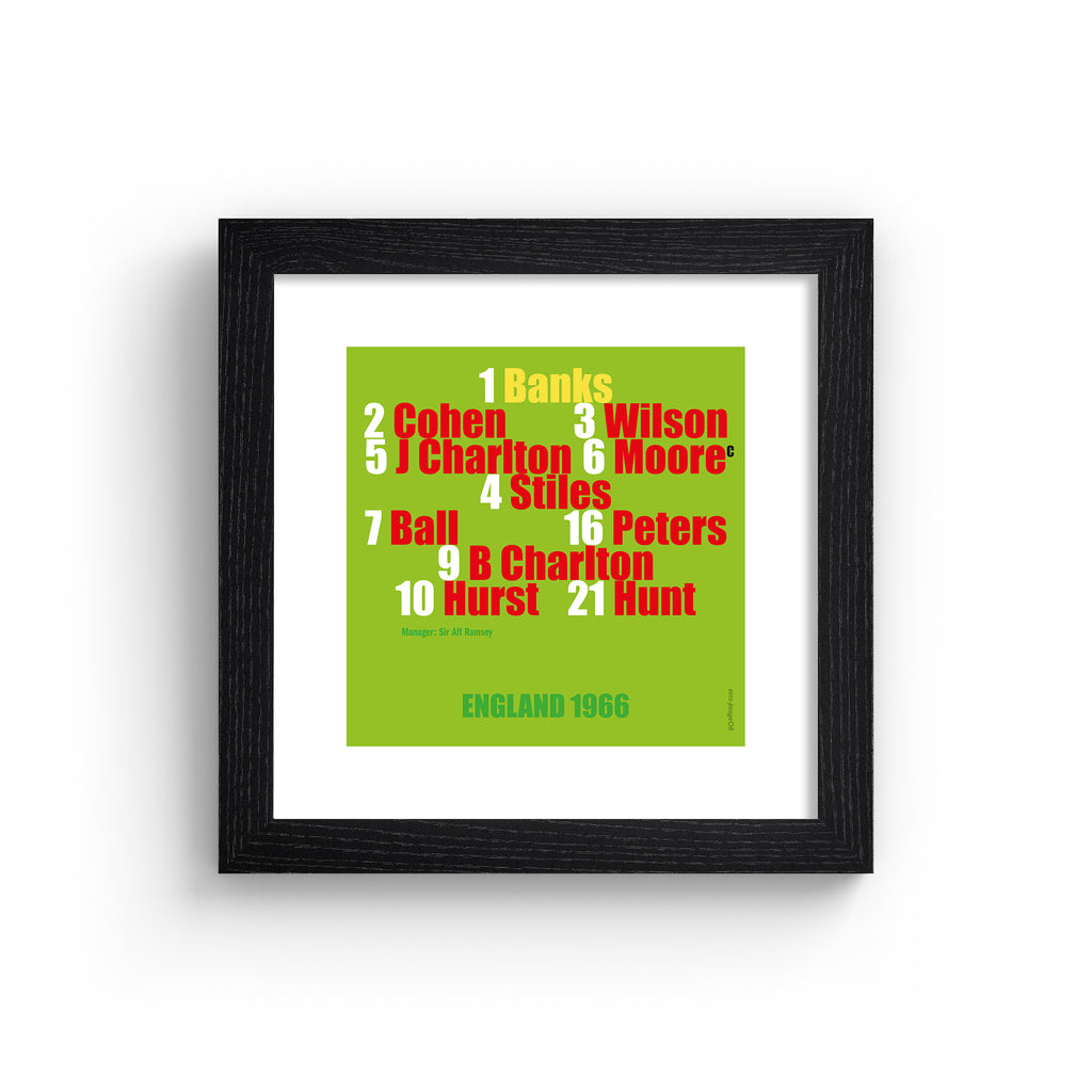 Sporty art print celebrating England football, on a bright green background, with red, white, gold and green typography. Art print is in a black frame.