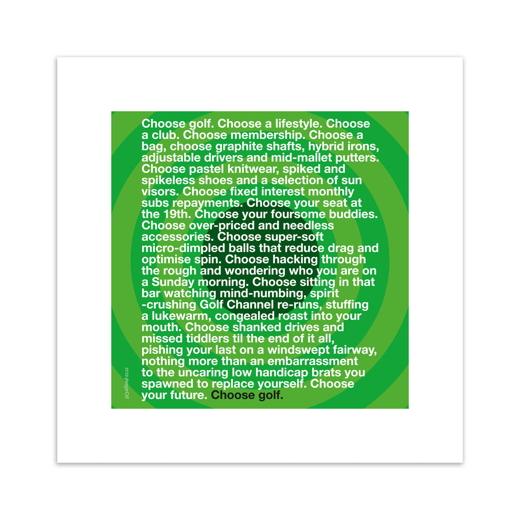 Sporty art print featuring typography celebrating golf, on a bright green background. 