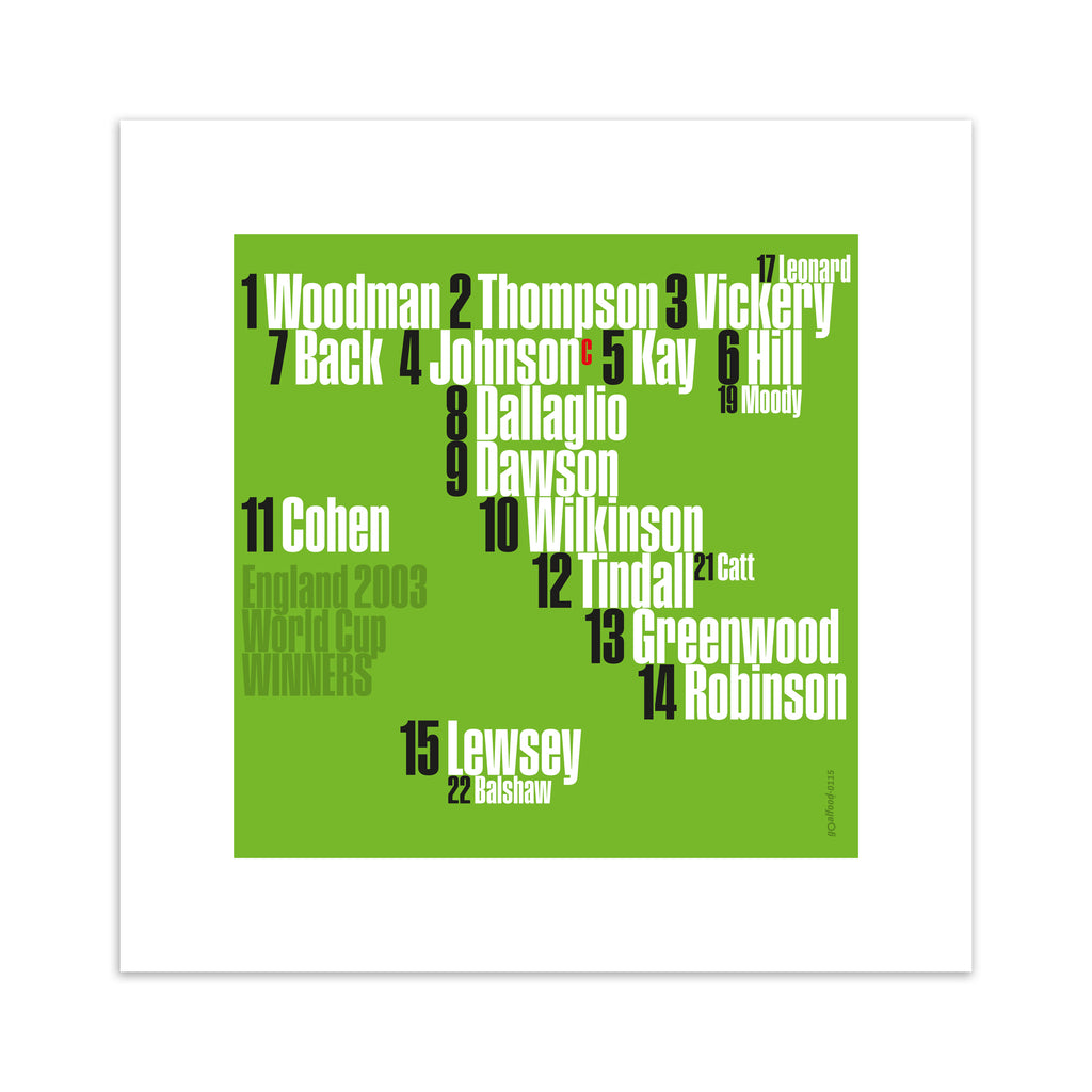 Sporty art print celebrating England rugby, on a bright green background, with white, black and green typography. 