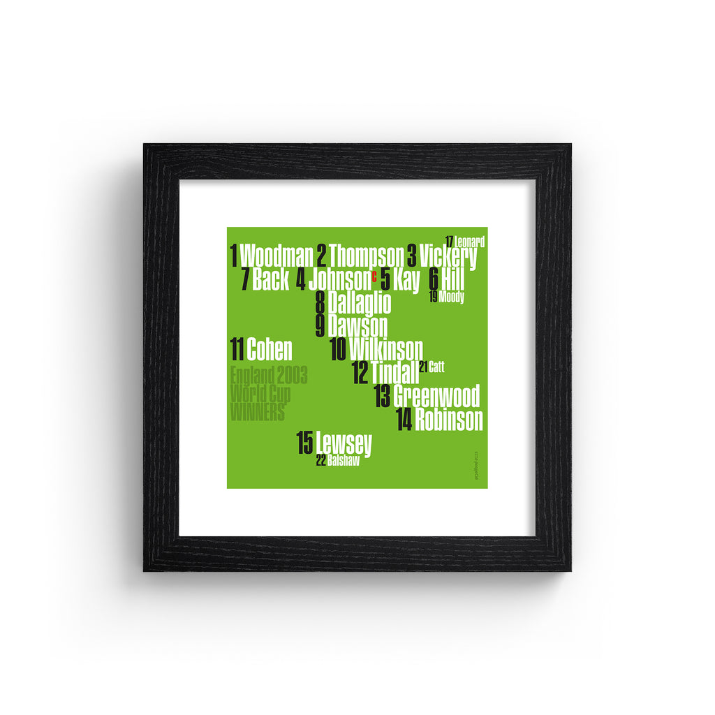 Sporty art print celebrating England rugby, on a bright green background, with white, black and green typography, in a black frame.