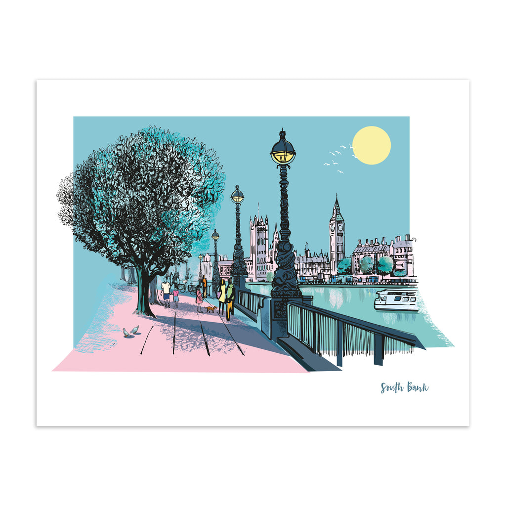  Vivid travel art print featuring South Bank in London, in vivid pastel colours. Title in the bottom right hand corner reads 'South Bank'.