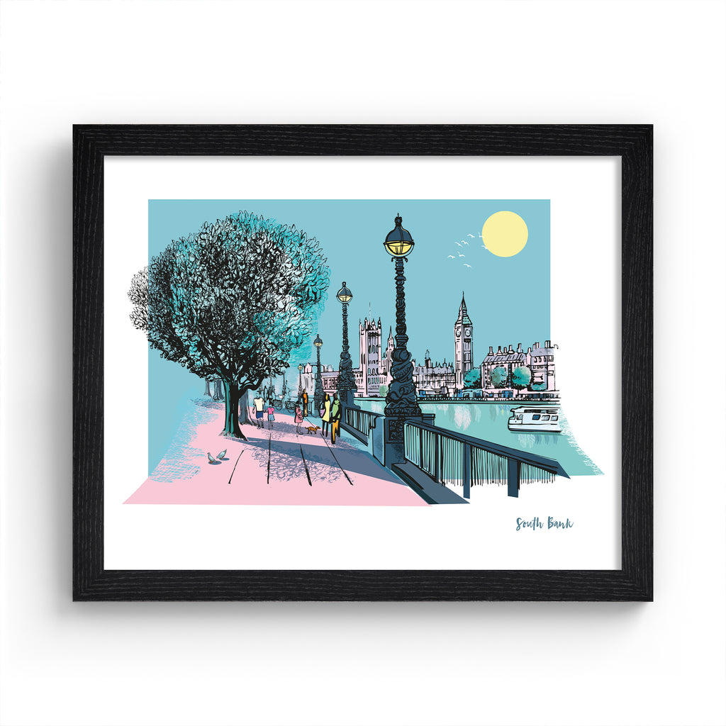Vivid travel art print featuring South Bank in London, in vivid pastel colours. Title in the bottom right hand corner reads 'South Bank'. Art print is in a black frame.