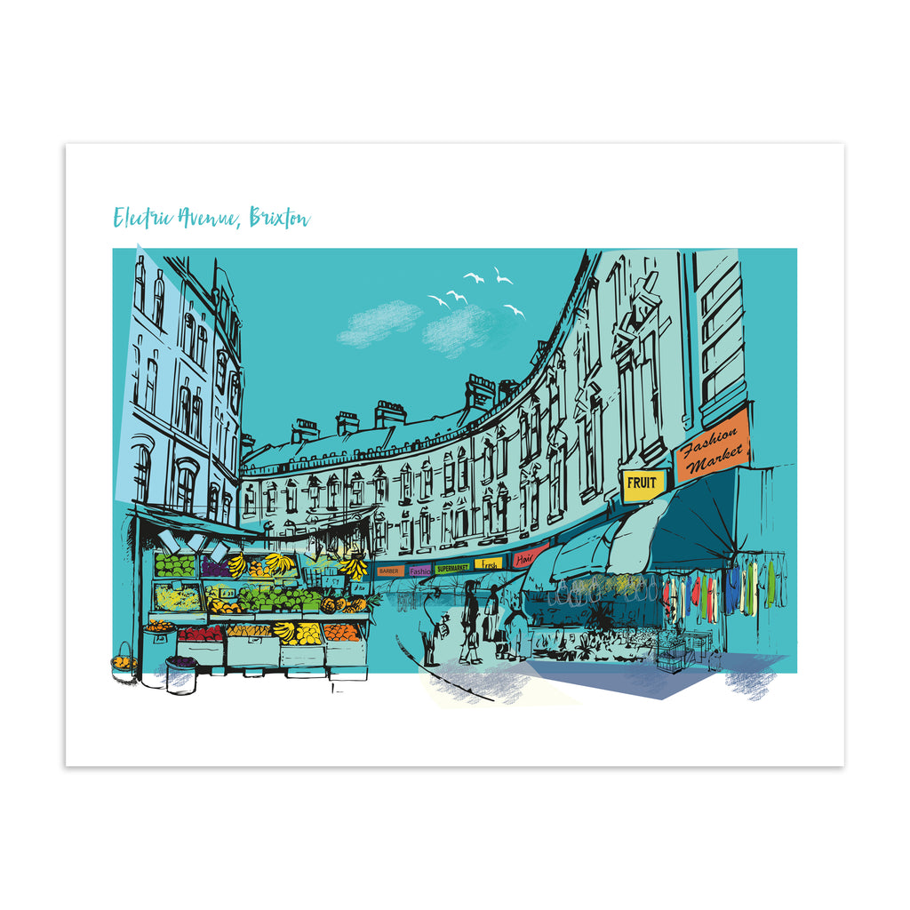 Bright blue art print featuring a detailed illustration of Electric Avenue in London. Text in the top left hand corner reads 'Electric Avenue, Brixton'.