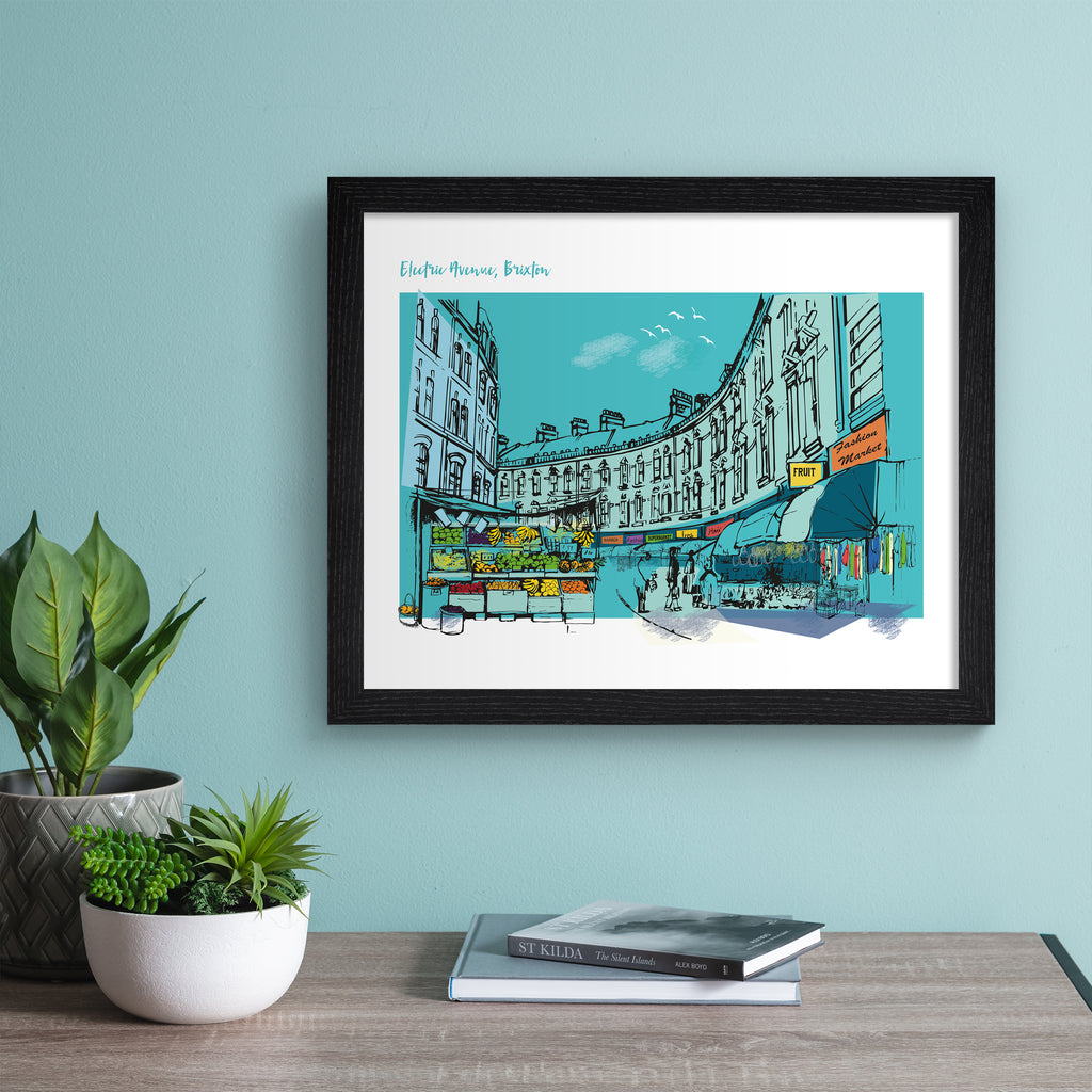 Bright blue art print featuring a detailed illustration of Electric Avenue in London. Text in the top left hand corner reads 'Electric Avenue, Brixton'. Art print is hung up on a bright blue wall.