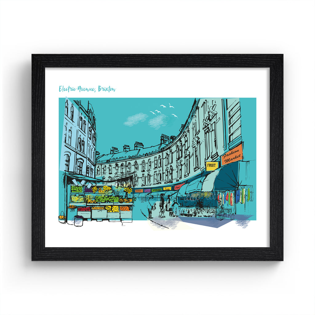 Bright blue art print featuring a detailed illustration of Electric Avenue in London. Text in the top left hand corner reads 'Electric Avenue, Brixton'. Art print is in a black frame.