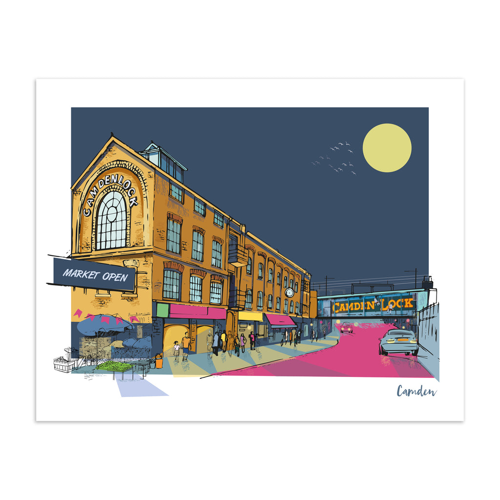 Travel art print of Camden Market, London, at night, featuring bright and moody colours, with the title 'Camden' in the bottom right.
