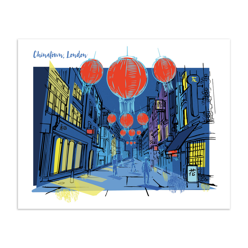 London travel art print featuring a moonlit Chinatown in London, with iconic red lanterns featured against a deep blue background, with the title 'Chinatown, London' in the top left.