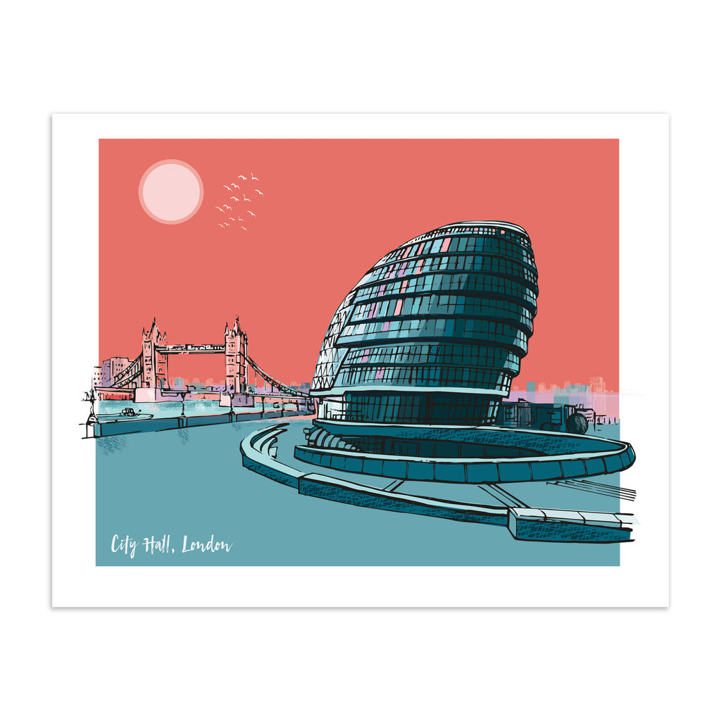 Bright travel art print featuring a detailed illustration of City Hall in London. There's text in the bottom left corner titled 'City Hall, London'.