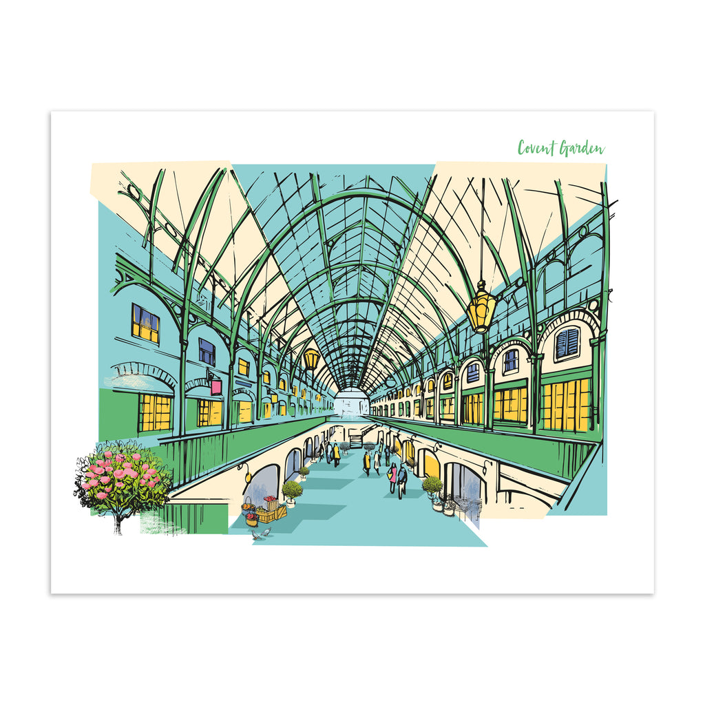 Colourful travel art print of Covent Garden in London, featuring the inside of the brightly lit building and some flowers blooming out of the frame. Text in the top right corner reads 'Covent Garden'.