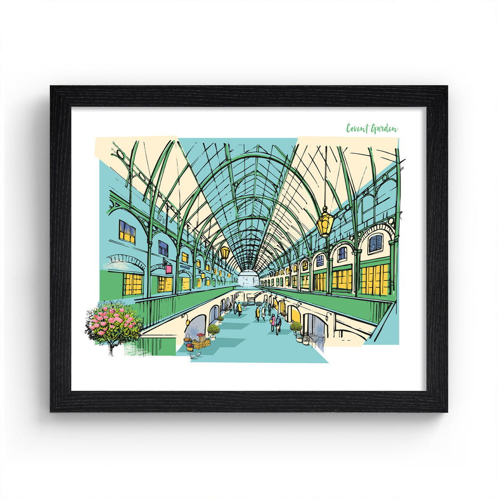 Colourful travel art print of Covent Garden in London, featuring the inside of the brightly lit building and some flowers blooming out of the frame. Art print is in a black frame.