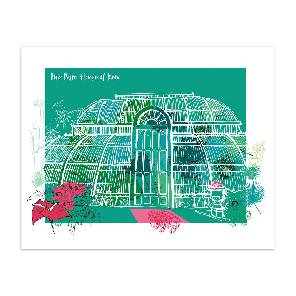 Vibrant travel art print featuring The Palm House At Kew Gardens in London, bordered by bright blooming flowers, on a green background. Title at the top left reads 'The Palm House At Kew'.