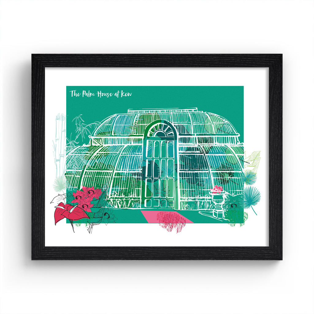 Vibrant travel art print featuring The Palm House At Kew Gardens in London, bordered by bright blooming flowers, on a green background. Title at the top left reads 'The Palm House At Kew'. Art print is in a black frame.