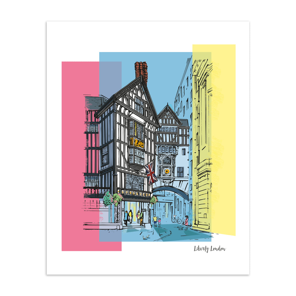 Vibrant travel art print featuring Liberty in London, amidst a brightly coloured background of pink, blue and yellow.