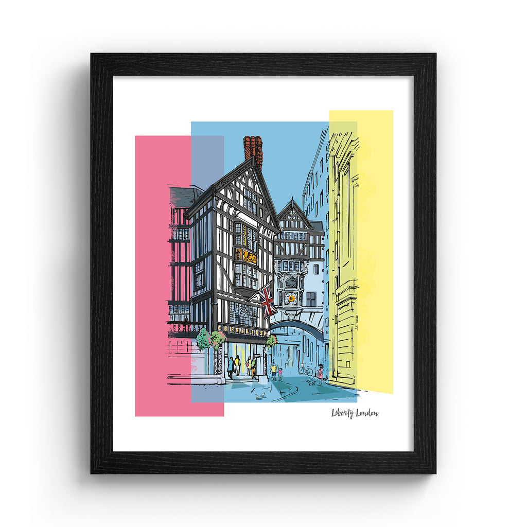 Vibrant travel art print featuring Liberty in London, amidst a brightly coloured background of pink, blue and yellow. Art print is in a black frame.
