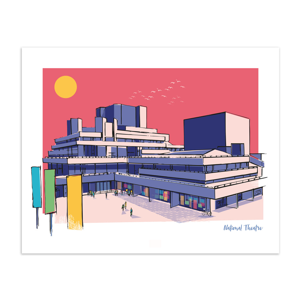 Colourful travel art print featuring the National Theatre in London, in vivid pastel colours. Title in the bottom right hand corner reads 'National Theatre'.
