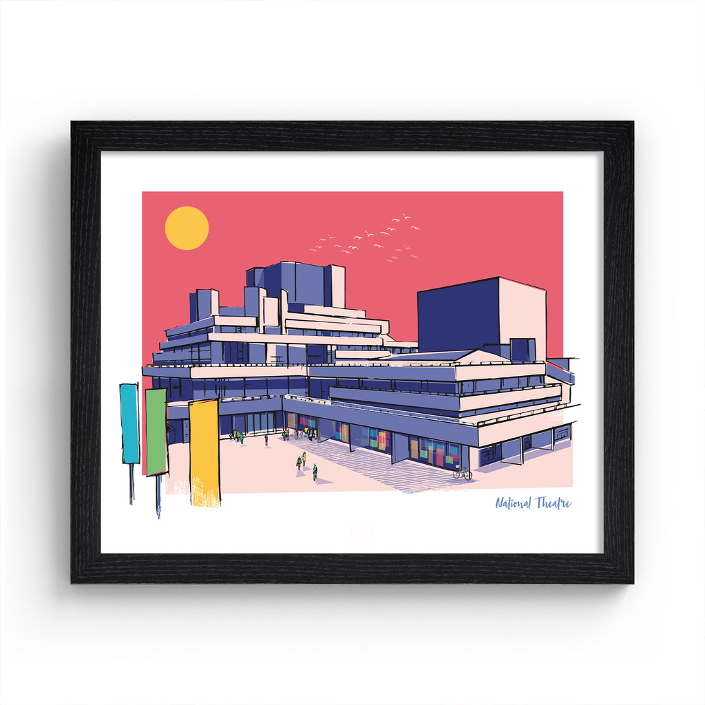 Colourful travel art print featuring the National Theatre in London, in vivid pastel colours. Title in the bottom right hand corner reads 'National Theatre'. Art print is in a black frame.