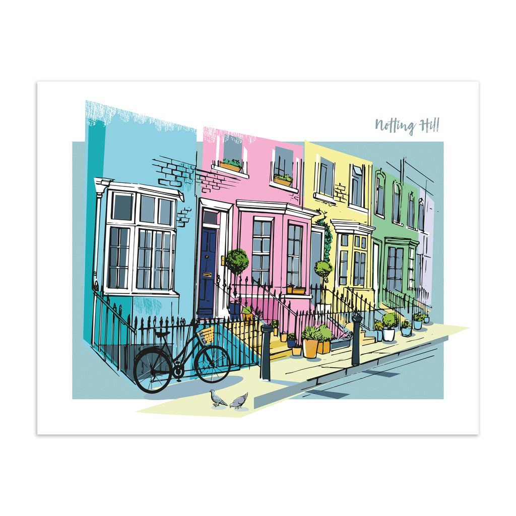 Vibrant travel art print featuring the colourful street of Notting Hill in London, amidst a brightly coloured background of pink, blue, yellow and green. The title in the top right hand corner reads 'Notting Hill'.